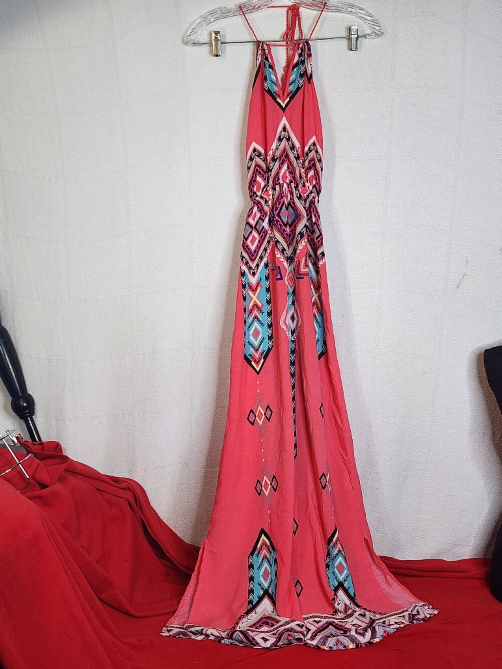 No Boundaries Coral Rayon Tassel Tie Aztec Print Halter Maxi Dress Cover Up Sz S